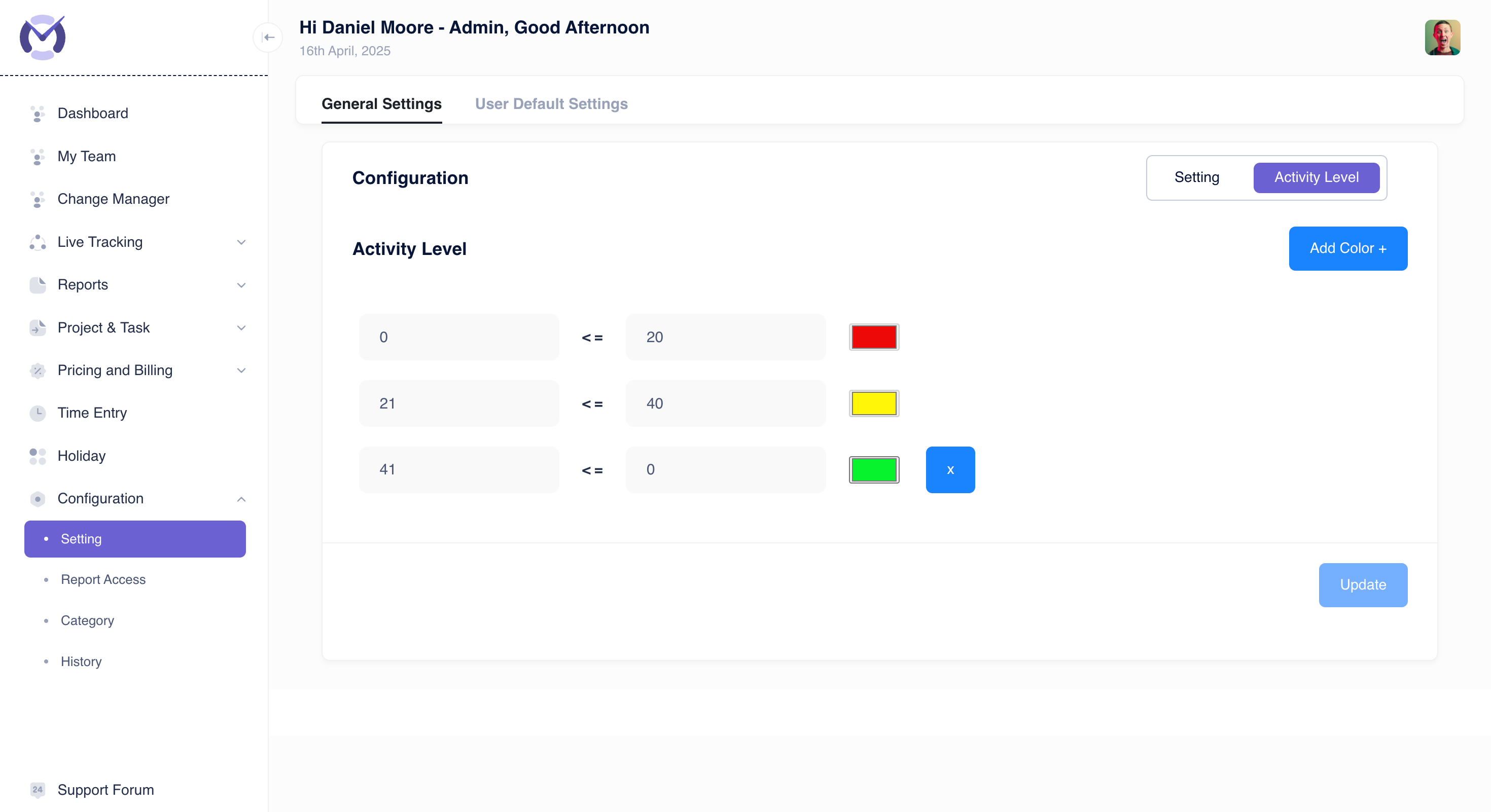General Settings - Activity Level Tab