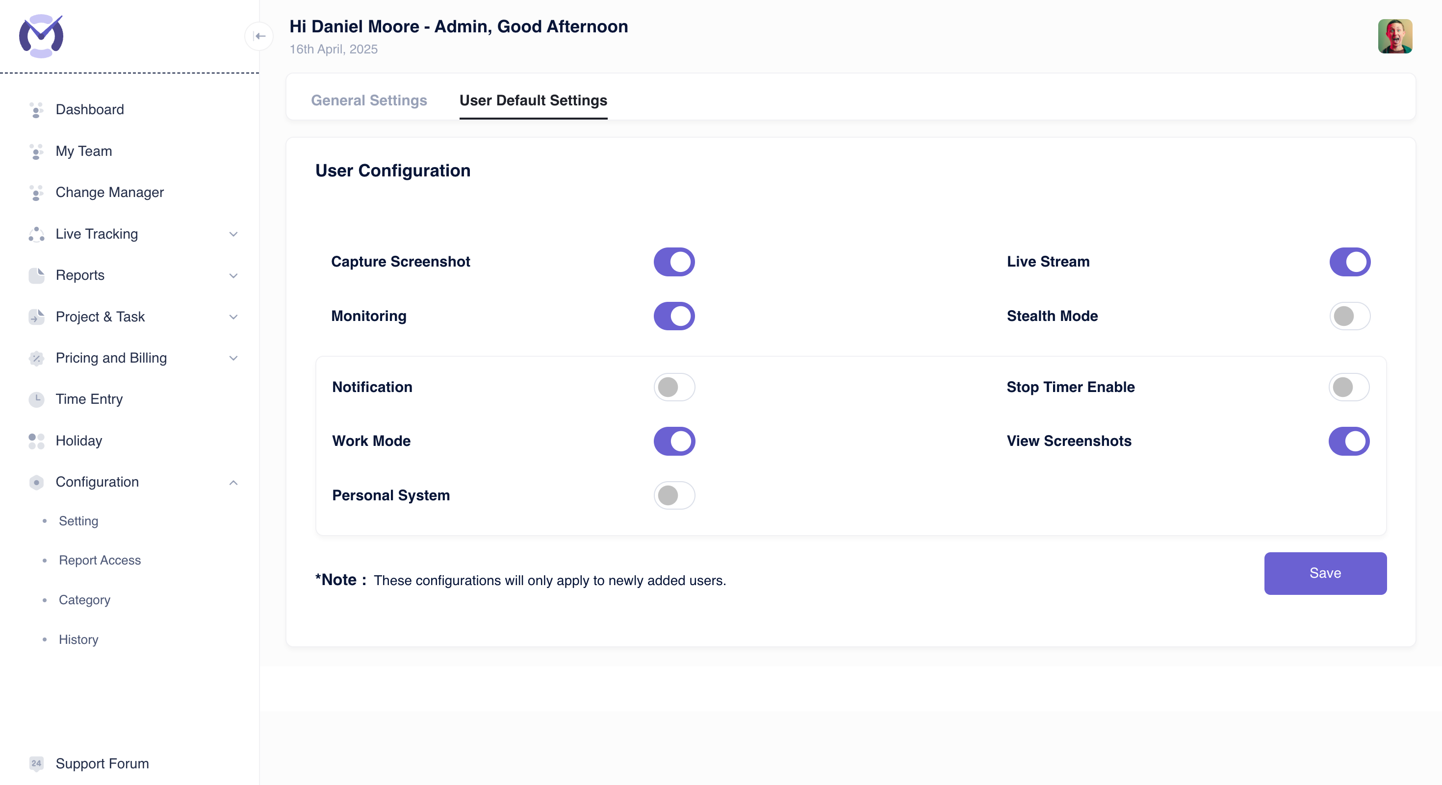 User Default Settings